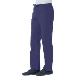 Full elastic cargo pants in navy blue, featuring multiple pockets and a drawstring waistband. Includes branding.