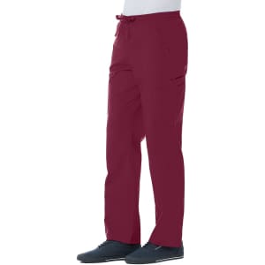 Maroon men's full elastic cargo pants with pockets, featuring a drawstring waist and a logo.