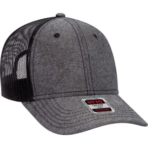 A grey 6 Panel Trucker Hat with a mesh back and an adjustable strap, featuring a branded label.