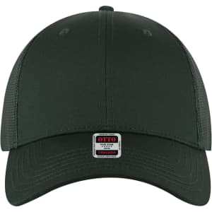 A dark green 6 Panel Low Profile Trucker Cap with a logo tag on the front and mesh sides.