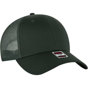 A green low-profile trucker cap with a mesh back and a branded tag on the front.