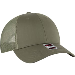 A 6-panel trucker hat in olive green with a mesh back and a branded tag on the front.