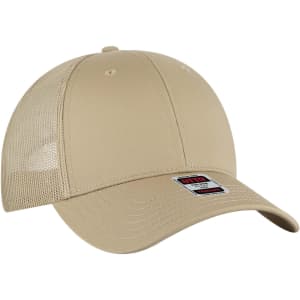 A beige low-profile trucker cap with a mesh back and a front panel featuring a logo.