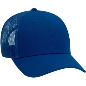 A blue 6-panel trucker hat featuring mesh sides and a solid front panel with a logo.