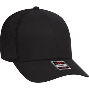 A black six-panel baseball cap with a mesh back and a logo on the front.