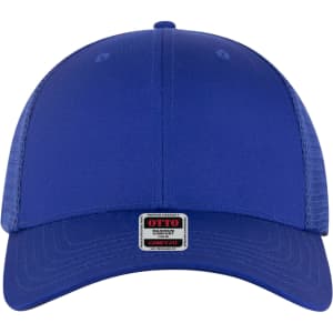 A blue low profile trucker cap with a six-panel design and a logo on the front.