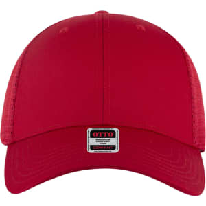 A red low profile trucker cap with a mesh back and a small logo label on the front.