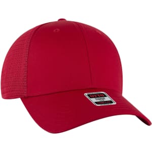 A red six-panel low profile trucker cap with a mesh back and a logo on the front.