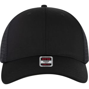 A black low profile trucker cap featuring a structured front and mesh back, with a logo label on the front.
