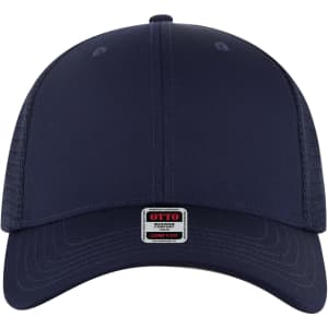 A navy blue low profile trucker cap with a mesh back and a small logo on the front.
