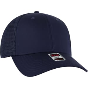 A navy blue 6 panel low profile trucker cap with mesh back and a logo on the front.