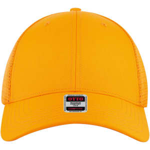 An orange low-profile trucker cap with a six-panel design and a logo on the front.