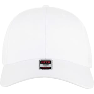 A white six-panel low profile trucker cap with a branding label on the front.