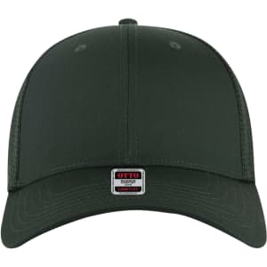 A dark green low profile trucker cap with a six-panel structure and a logo on the front.