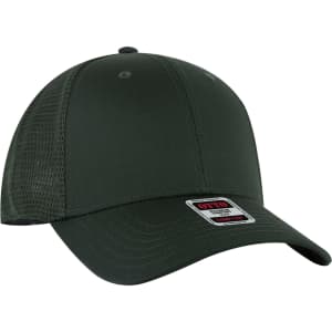 A dark green low profile trucker cap featuring six panels, a curved brim, and a mesh back. It has a logo on the side.