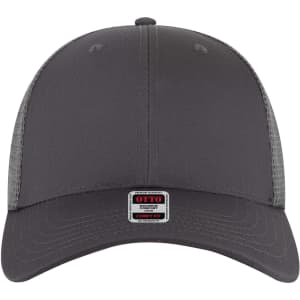 A low profile trucker cap in grey, featuring mesh panels and a logo on the front.