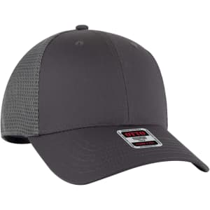 A grey six-panel low profile trucker cap featuring a mesh back and a logo.