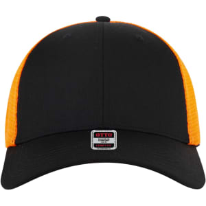 A black and orange six-panel low profile trucker cap featuring a logo on the front.