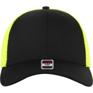 A black trucker cap with a low profile and bright yellow mesh sides, featuring a logo on the front.