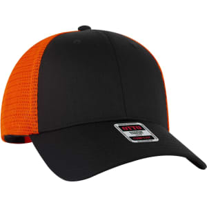 A black and orange six-panel low profile trucker cap featuring a mesh back and a logo.