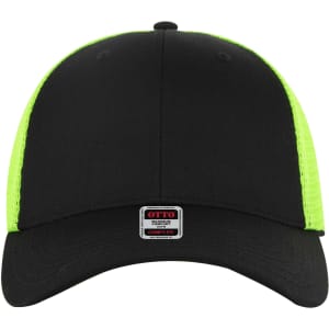 A black trucker cap with bright green mesh sides and a logo on the front.