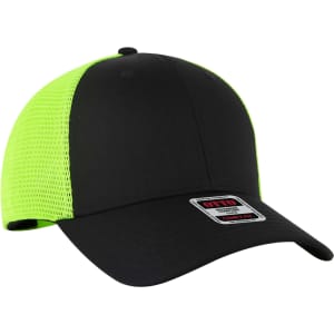 A black trucker cap with a bright green mesh back and a logo on the front.
