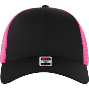 A six-panel low profile trucker cap in black with bright pink mesh sides and a branded label on the front.