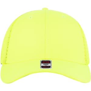 A bright yellow low-profile trucker cap with a mesh back and a branded label at the front.