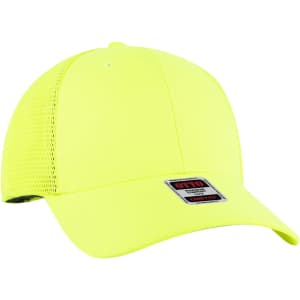 A bright yellow low profile trucker cap with a mesh back and an attached logo.