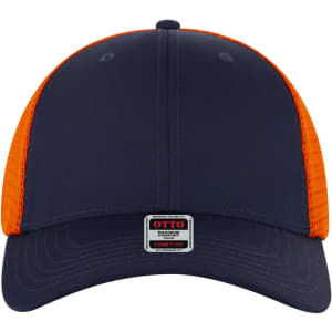 A navy blue and orange low profile trucker cap with a fabric front and mesh back, featuring a logo.