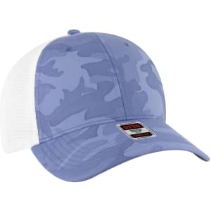A stretchable double mesh back trucker hat in blue camouflage with a white mesh back and a logo.