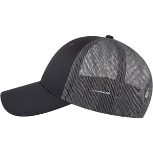 A low profile trucker cap in black with a mesh back, featuring a logo on the side.