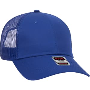 A blue 6 panel trucker hat with a mesh back and a logo on the front.