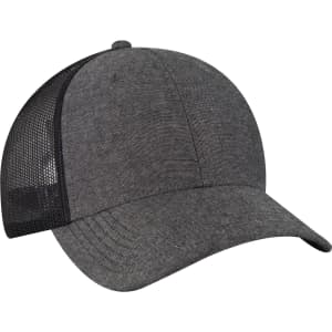A grey 6-panel trucker hat with a mesh back and a curved brim. It features a logo on the front.