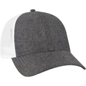 A grey and white 6-panel low profile trucker cap featuring a mesh back and a rounded brim, with a logo on the front.