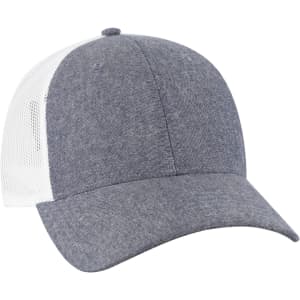 A grey low profile trucker cap with a mesh white back and a curved peak, featuring a logo.