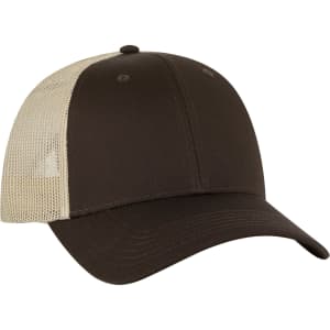 A brown trucker hat with a beige mesh back and a front panel. It features a curved brim and has a logo.
