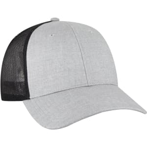 A grey 6 Panel Trucker Hat with a black mesh back and a curved brim. Features a logo on the front panel.