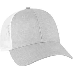 A grey 6 panel trucker hat with a white mesh back and a slight curve to the visor. It features a logo on the front.