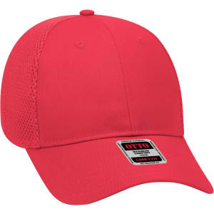 A red six-panel baseball cap featuring a mesh back and a logo on the front.