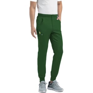 A pair of green joggers with a half elastic waistband, featuring pockets and a logo.
