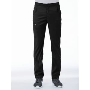 A pair of black tapered cargo pants featuring a half elastic waist and side pockets, displayed on a plain background.