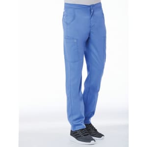 A pair of blue men's tapered cargo pants with half elastic waist and multiple pockets, paired with grey sneakers.