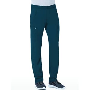 A pair of men's tapered cargo pants in dark teal, featuring a half elastic waist and multiple pockets.