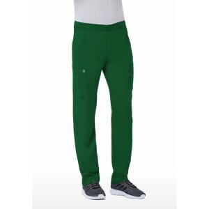 Green tapered cargo pants with half elastic waist, featuring two side pockets and one leg pocket, worn with grey shoes.