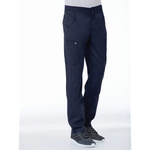 A pair of navy tapered cargo pants with a half elastic waist, featuring side pockets.