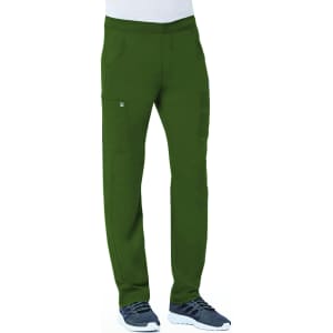 A pair of green tapered cargo pants with half elastic waist and multiple pockets, featuring a logo.