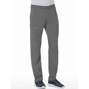 Men's grey tapered cargo pants with half elastic waist, featuring two side pockets. Includes branding on the garment.
