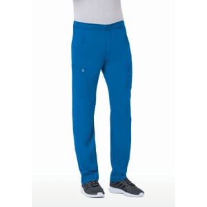 A pair of blue tapered cargo pants with a half elastic waist and side pockets, modelled by a person in athletic shoes.
