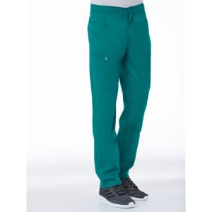A pair of men's tapered cargo pants in teal with an elastic waist and multiple pockets. Features a logo on the material.